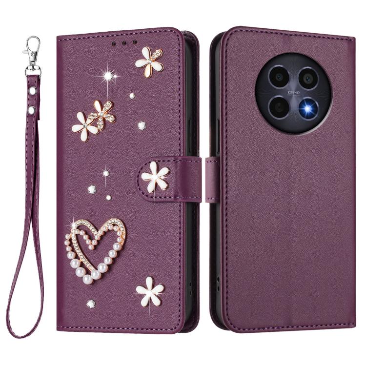 For Realme 12 5G Global / 13 5G Global ZS01 Double-Layer Heart Floral Vegan Leather Phone Case with Wrist Strap