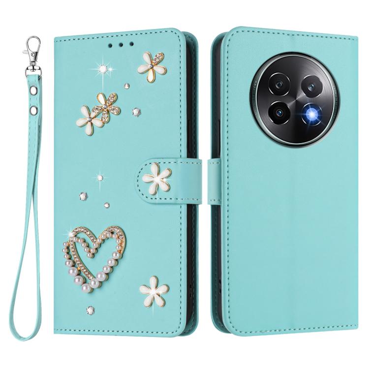 For Realme 13+ 5G Global ZS01 Double-Layer Heart Floral Vegan Leather Phone Case with Wrist Strap
