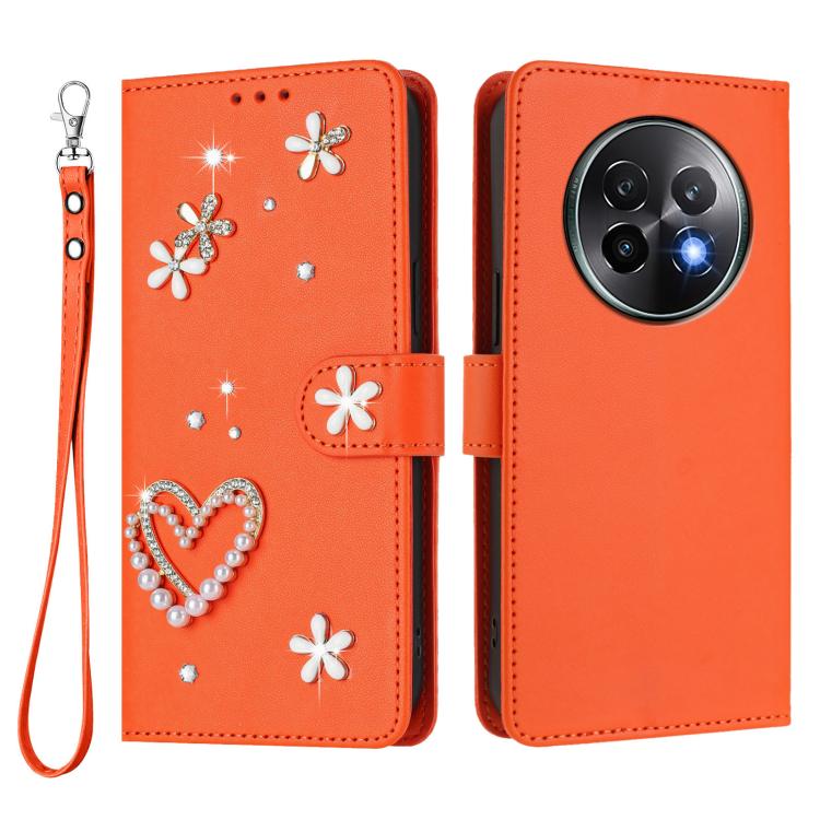 For Realme 13+ 5G Global ZS01 Double-Layer Heart Floral Vegan Leather Phone Case with Wrist Strap