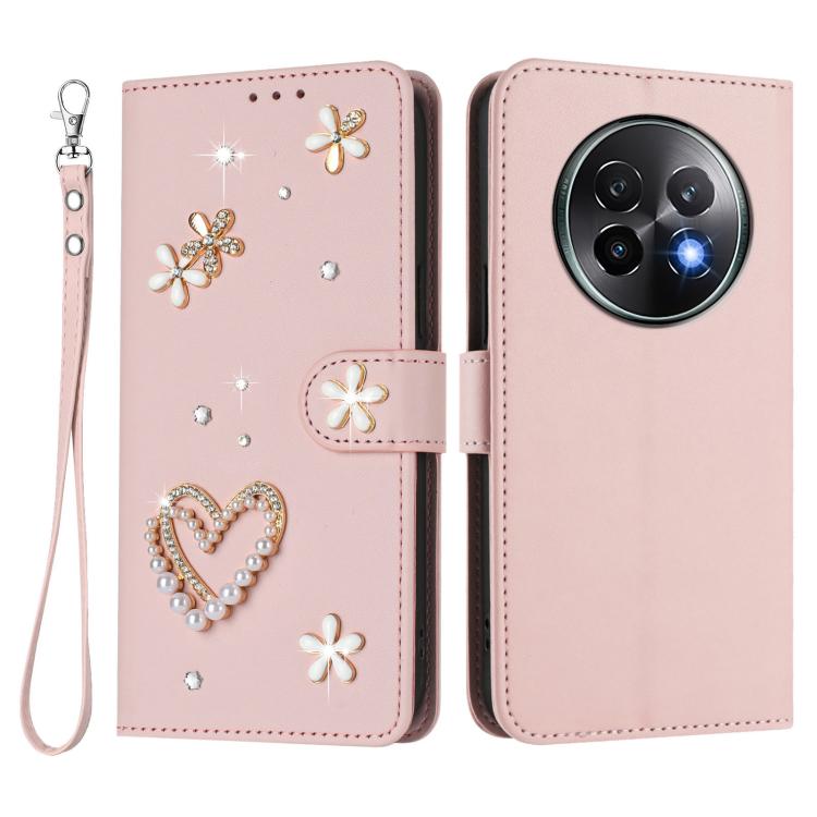 For Realme 13+ 5G Global ZS01 Double-Layer Heart Floral Vegan Leather Phone Case with Wrist Strap