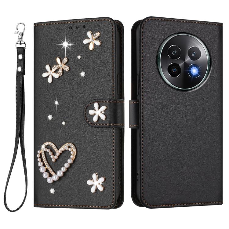 For Realme 13+ 5G Global ZS01 Double-Layer Heart Floral Vegan Leather Phone Case with Wrist Strap