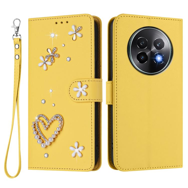 For Realme 13+ 5G Global ZS01 Double-Layer Heart Floral Vegan Leather Phone Case with Wrist Strap