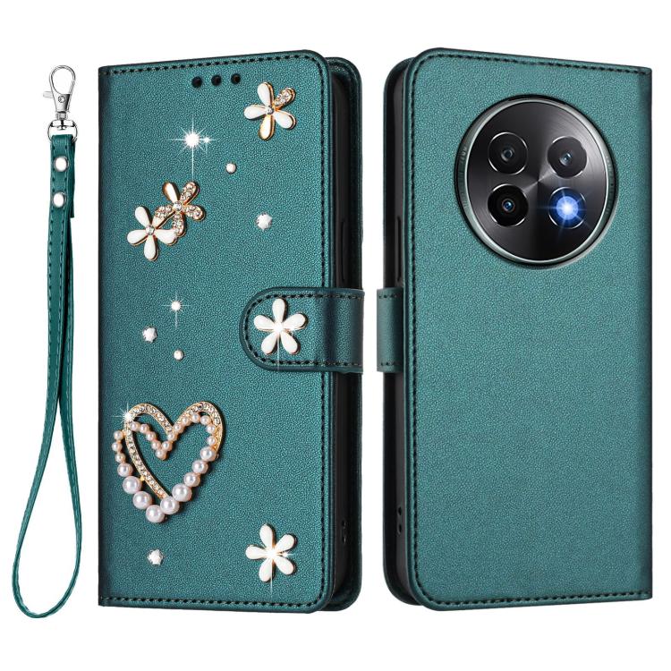 For Realme 13+ 5G Global ZS01 Double-Layer Heart Floral Vegan Leather Phone Case with Wrist Strap