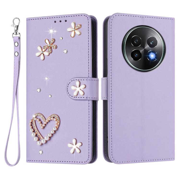 For Realme 13+ 5G Global ZS01 Double-Layer Heart Floral Vegan Leather Phone Case with Wrist Strap