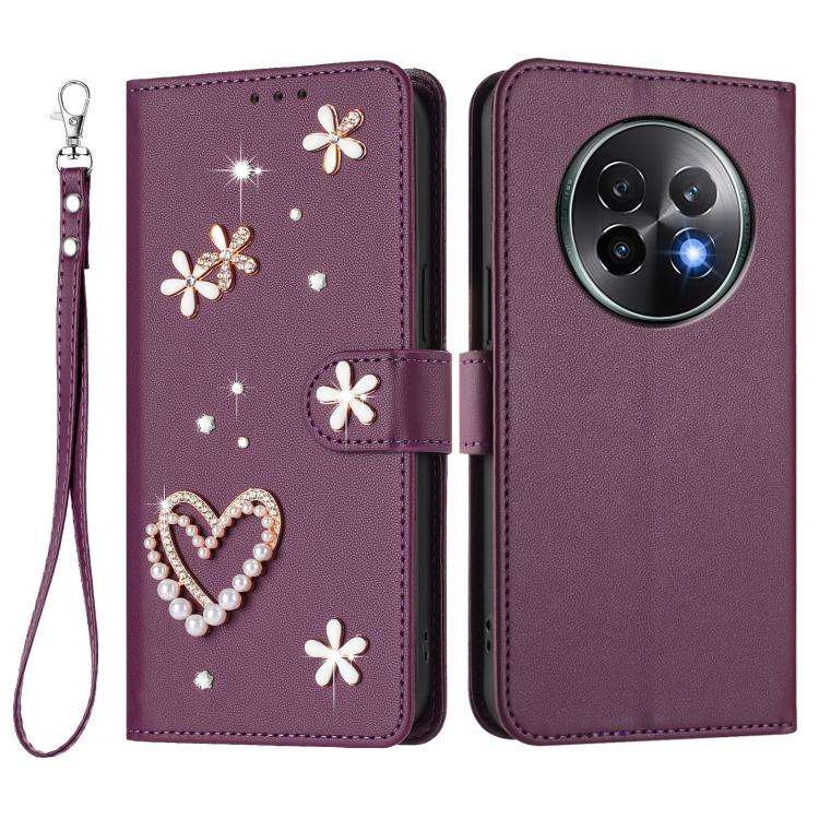 For Realme 13+ 5G Global ZS01 Double-Layer Heart Floral Vegan Leather Phone Case with Wrist Strap