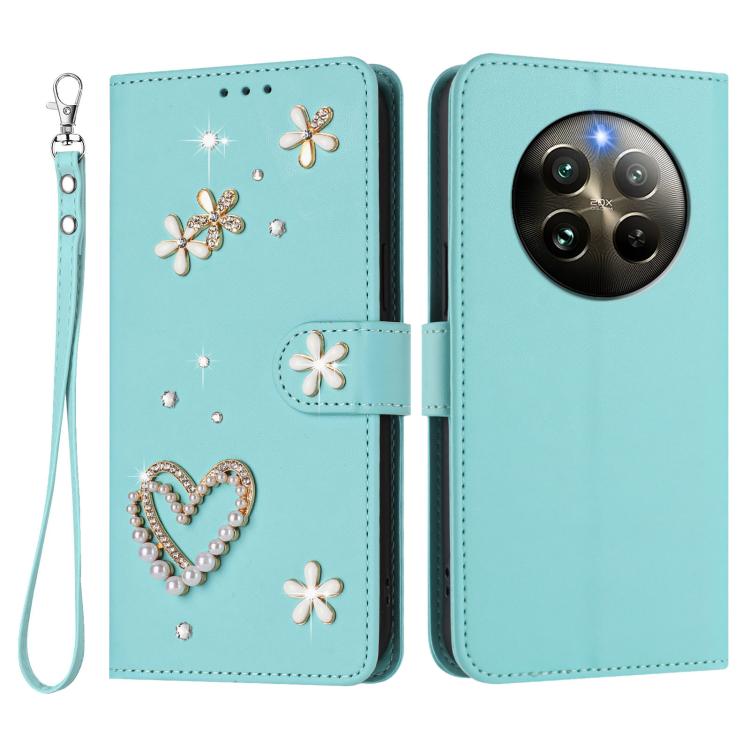 For Realme 13 4G Global / 12 4G Global ZS01 Double-Layer Heart Floral Vegan Leather Phone Case with Wrist Strap