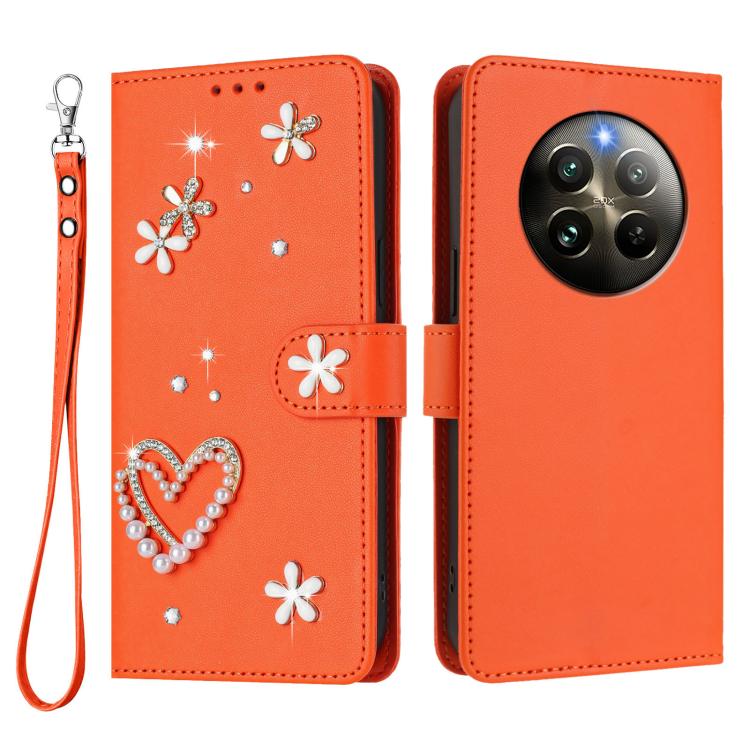 For Realme 13 4G Global / 12 4G Global ZS01 Double-Layer Heart Floral Vegan Leather Phone Case with Wrist Strap