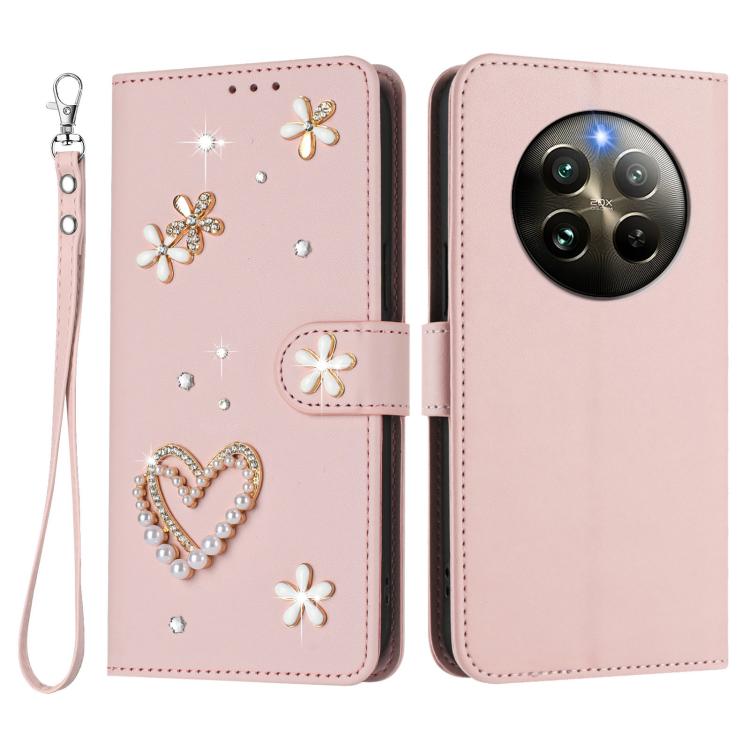 For Realme 13 4G Global / 12 4G Global ZS01 Double-Layer Heart Floral Vegan Leather Phone Case with Wrist Strap