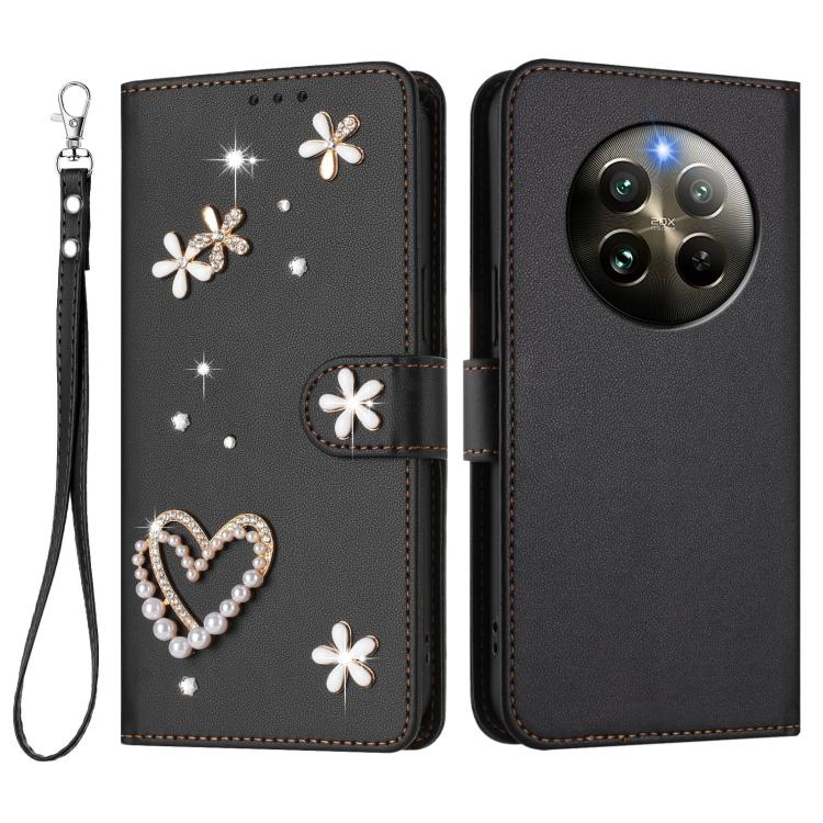 For Realme 13 4G Global / 12 4G Global ZS01 Double-Layer Heart Floral Vegan Leather Phone Case with Wrist Strap
