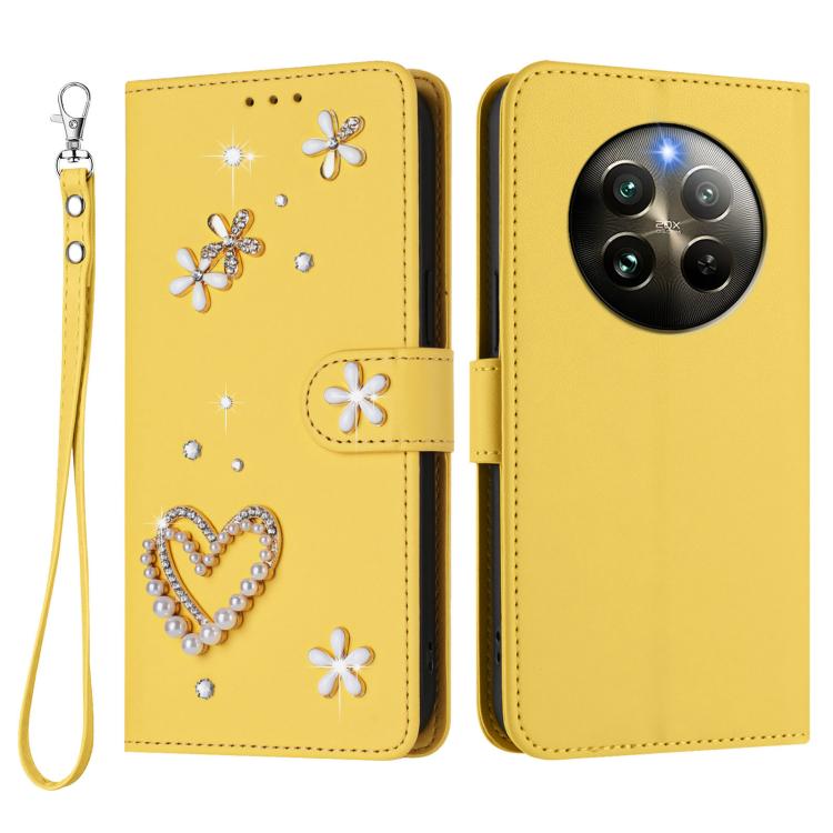 For Realme 13 4G Global / 12 4G Global ZS01 Double-Layer Heart Floral Vegan Leather Phone Case with Wrist Strap