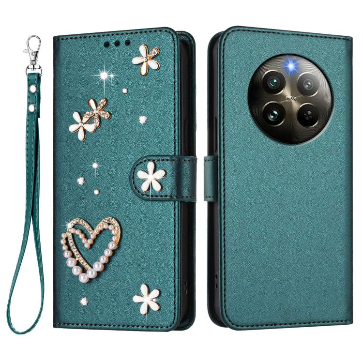 For Realme 13 4G Global / 12 4G Global ZS01 Double-Layer Heart Floral Vegan Leather Phone Case with Wrist Strap