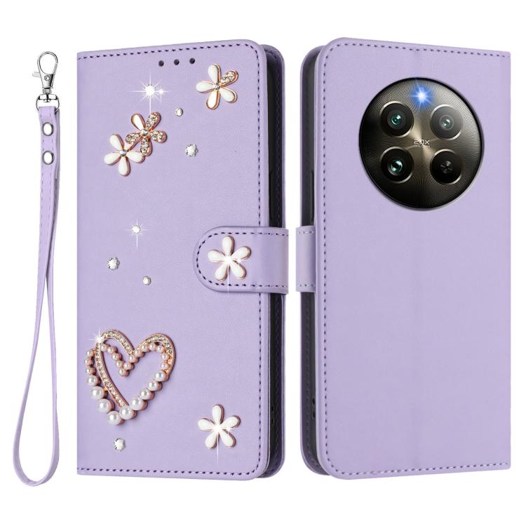 For Realme 13 4G Global / 12 4G Global ZS01 Double-Layer Heart Floral Vegan Leather Phone Case with Wrist Strap