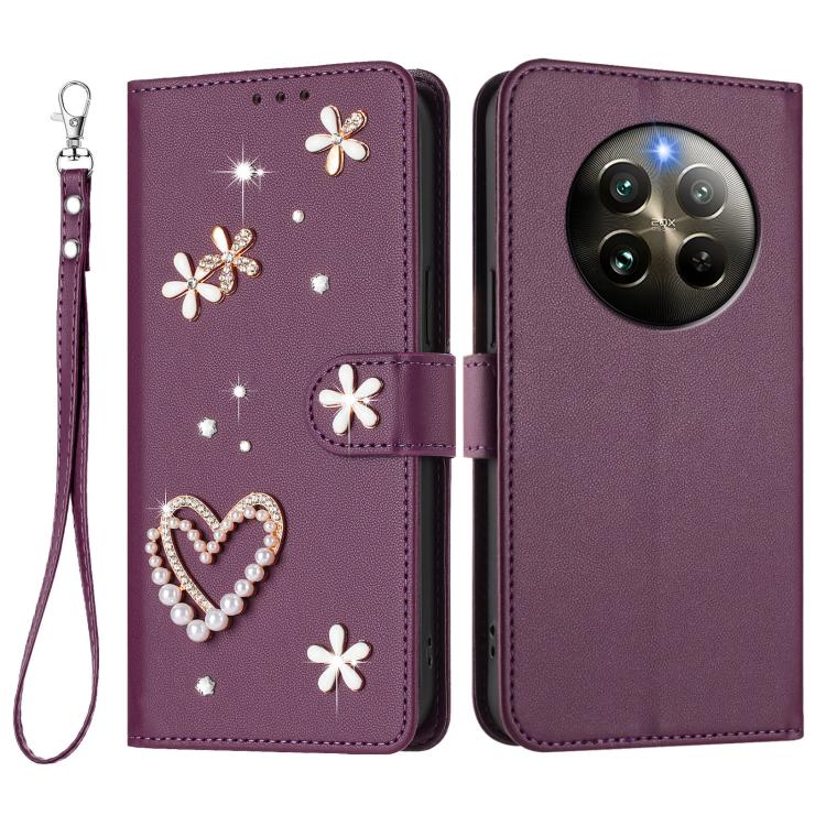 For Realme 13 4G Global / 12 4G Global ZS01 Double-Layer Heart Floral Vegan Leather Phone Case with Wrist Strap