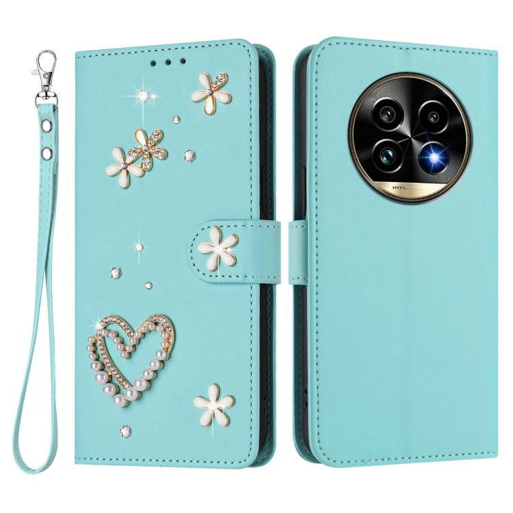 For Realme 13 Pro 5G Global ZS01 Double-Layer Heart Floral Vegan Leather Phone Case with Wrist Strap