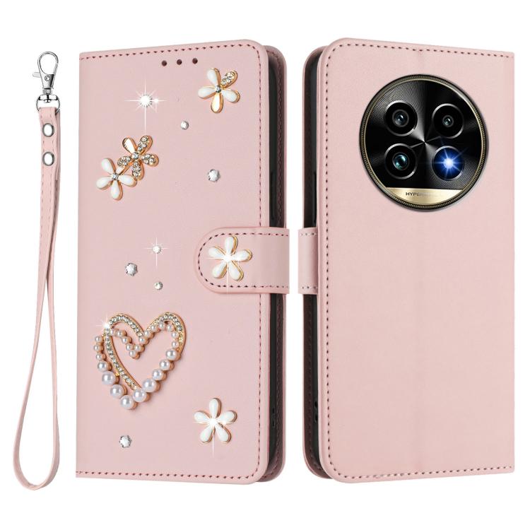 For Realme 13 Pro 5G Global ZS01 Double-Layer Heart Floral Vegan Leather Phone Case with Wrist Strap