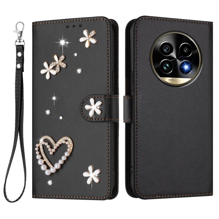 For Realme 13 Pro 5G Global ZS01 Double-Layer Heart Floral Vegan Leather Phone Case with Wrist Strap