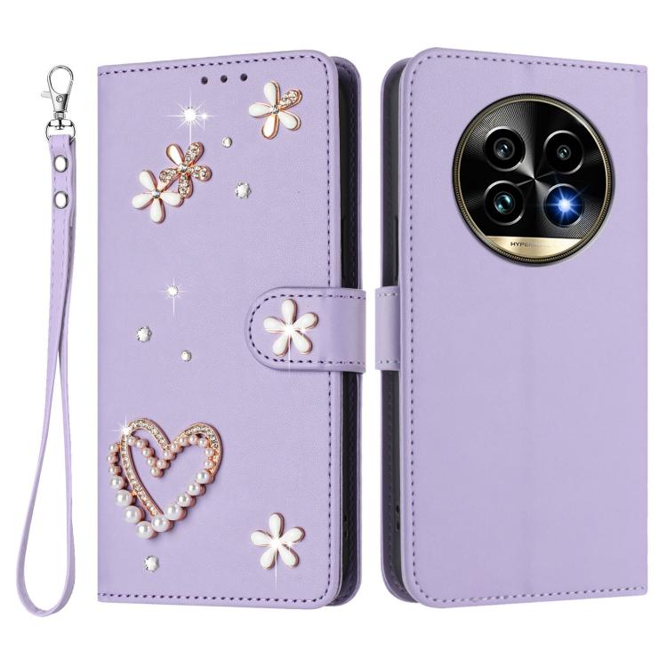 For Realme 13 Pro 5G Global ZS01 Double-Layer Heart Floral Vegan Leather Phone Case with Wrist Strap