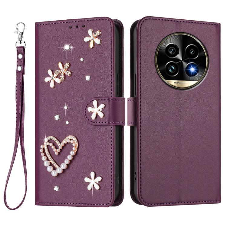 For Realme 13 Pro 5G Global ZS01 Double-Layer Heart Floral Vegan Leather Phone Case with Wrist Strap