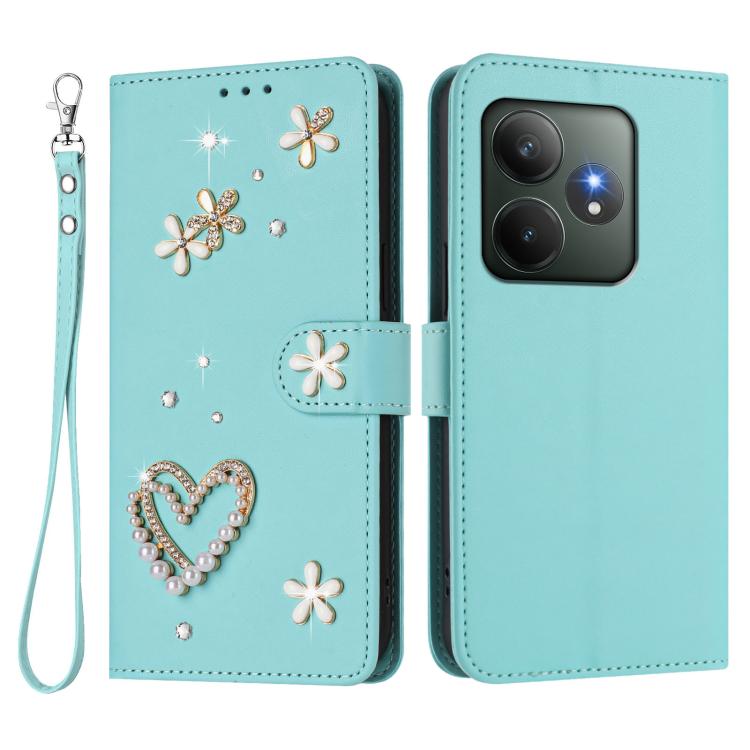 For Realme GT 6 5G Global / GT 6T 5G Global ZS01 Double-Layer Heart Floral Vegan Leather Phone Case with Wrist Strap