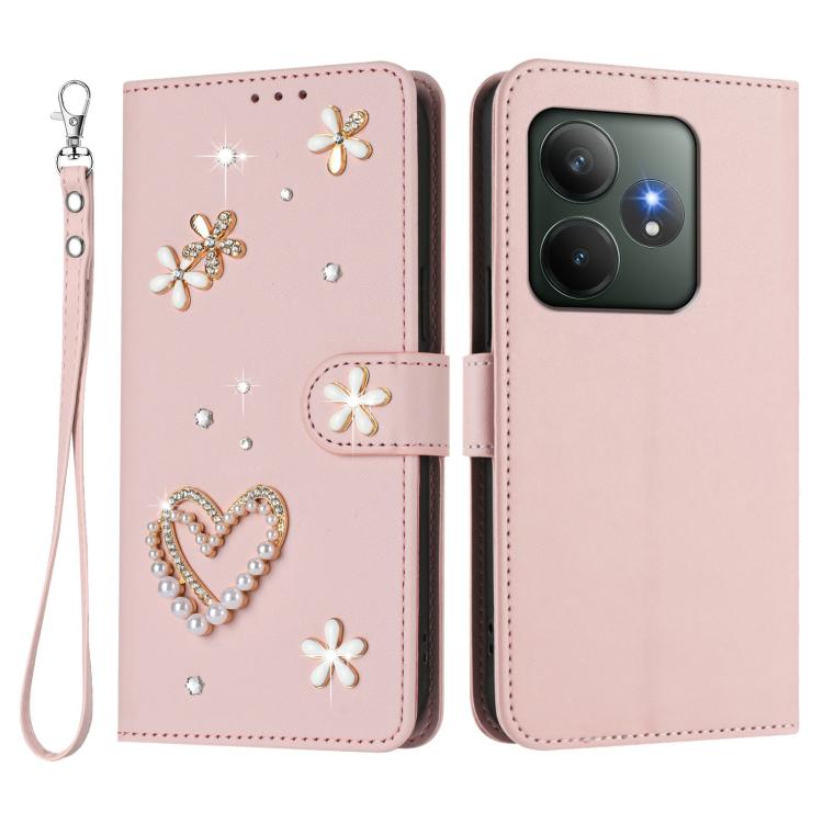 For Realme GT 6 5G Global / GT 6T 5G Global ZS01 Double-Layer Heart Floral Vegan Leather Phone Case with Wrist Strap