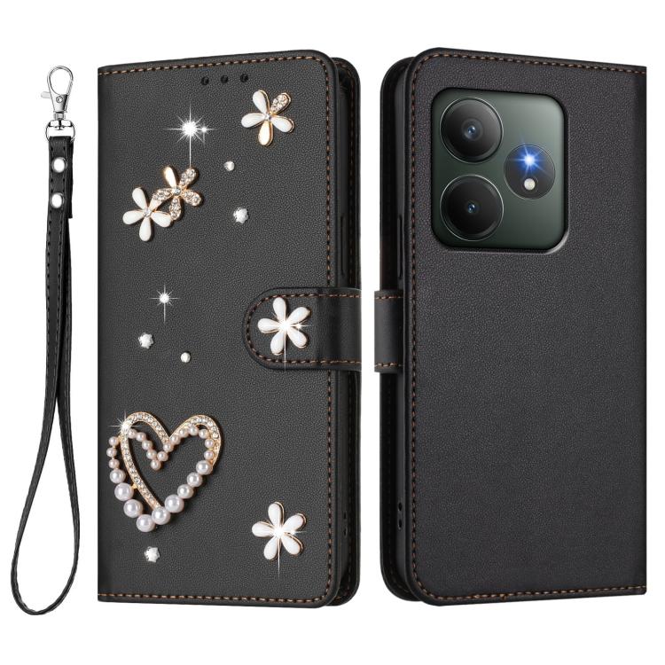 For Realme GT 6 5G Global / GT 6T 5G Global ZS01 Double-Layer Heart Floral Vegan Leather Phone Case with Wrist Strap