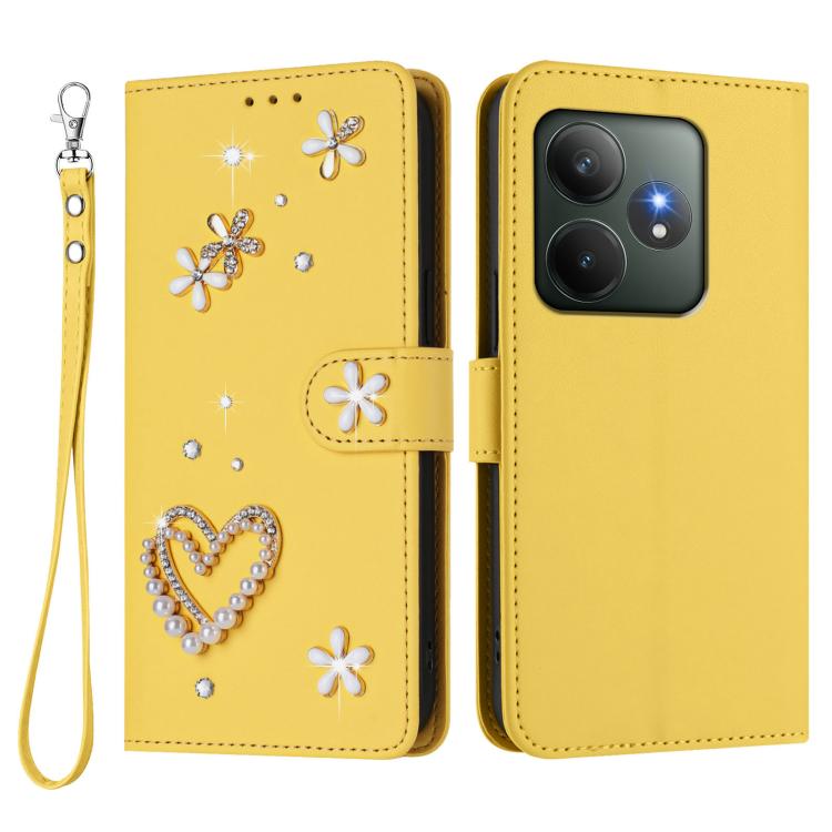 For Realme GT 6 5G Global / GT 6T 5G Global ZS01 Double-Layer Heart Floral Vegan Leather Phone Case with Wrist Strap