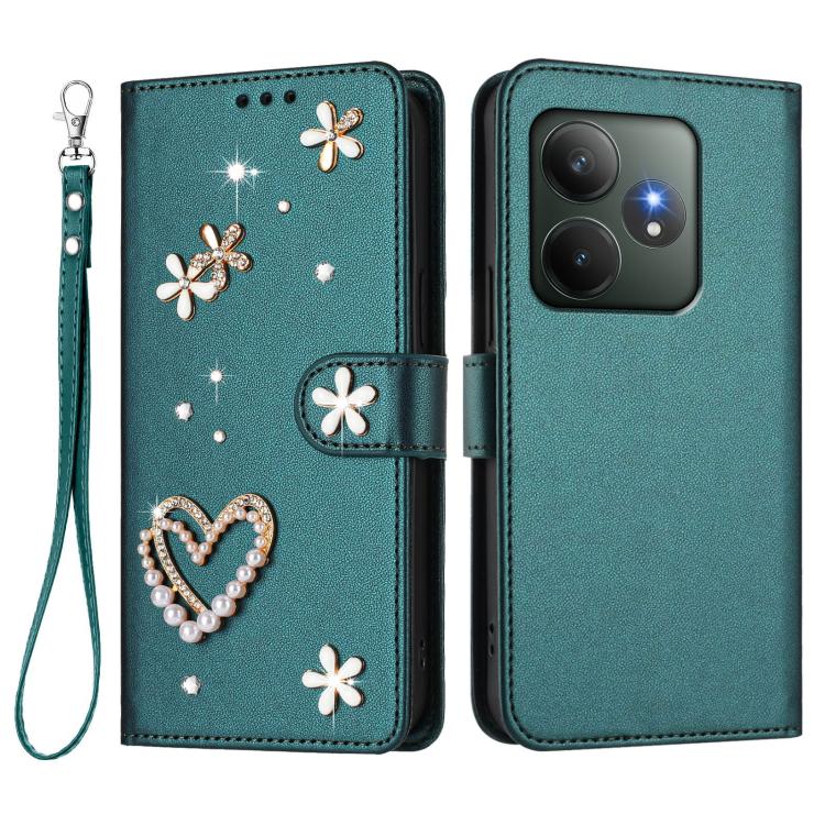 For Realme GT 6 5G Global / GT 6T 5G Global ZS01 Double-Layer Heart Floral Vegan Leather Phone Case with Wrist Strap