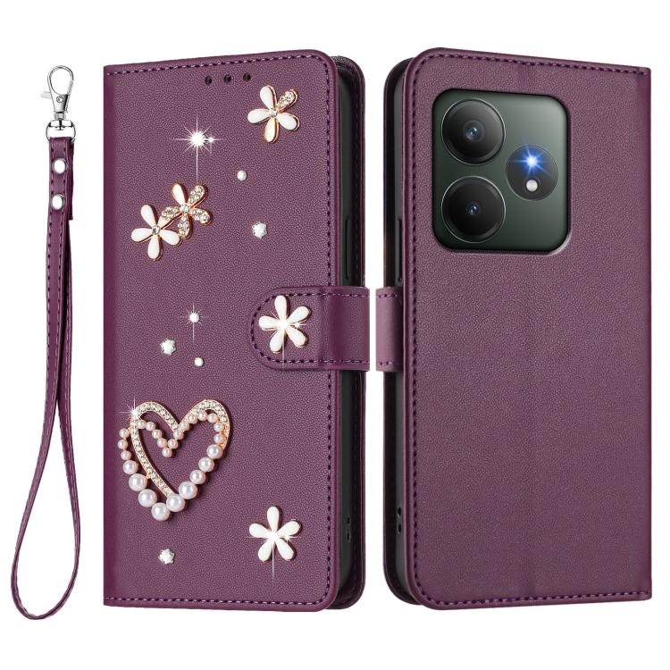 For Realme GT 6 5G Global / GT 6T 5G Global ZS01 Double-Layer Heart Floral Vegan Leather Phone Case with Wrist Strap