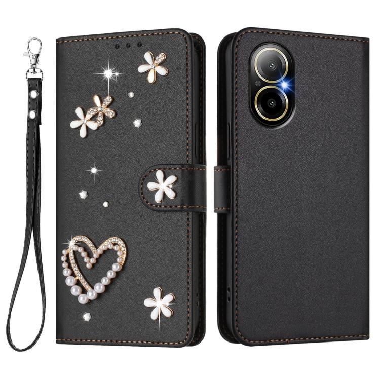 For Realme C67 4G Global ZS01 Double-Layer Heart Floral Vegan Leather Phone Case with Wrist Strap