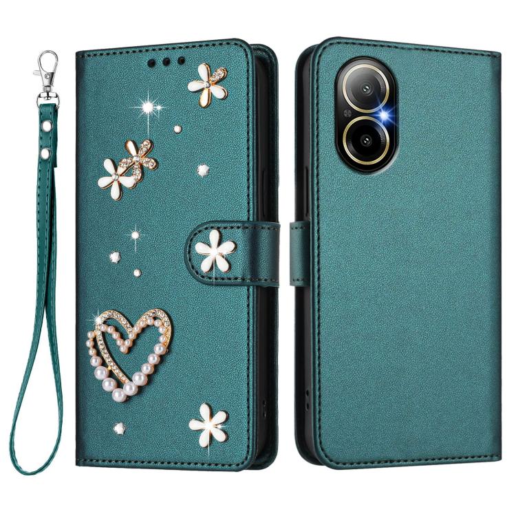 For Realme C67 4G Global ZS01 Double-Layer Heart Floral Vegan Leather Phone Case with Wrist Strap