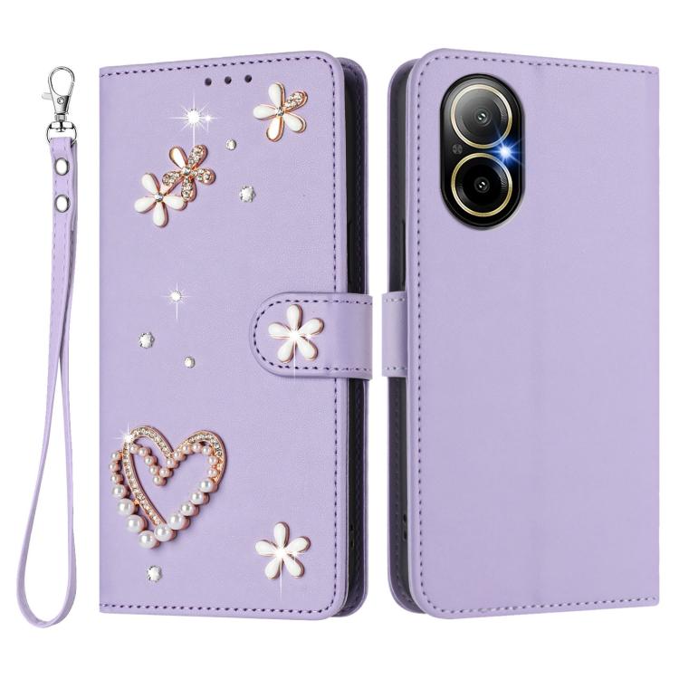 For Realme C67 4G Global ZS01 Double-Layer Heart Floral Vegan Leather Phone Case with Wrist Strap