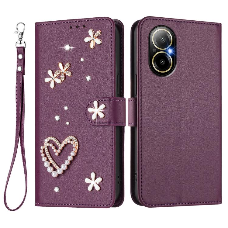 For Realme C67 4G Global ZS01 Double-Layer Heart Floral Vegan Leather Phone Case with Wrist Strap
