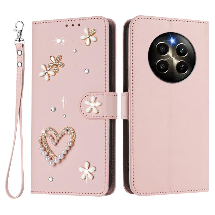 For Realme 12 Pro 5G Global ZS01 Double-Layer Heart Floral Vegan Leather Phone Case with Wrist Strap