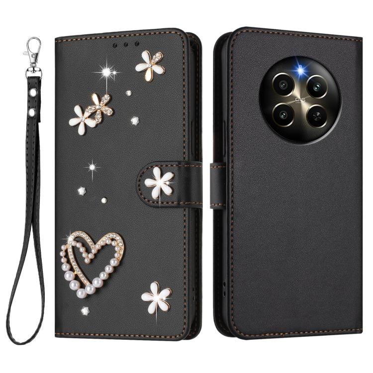 For Realme 12 Pro 5G Global ZS01 Double-Layer Heart Floral Vegan Leather Phone Case with Wrist Strap