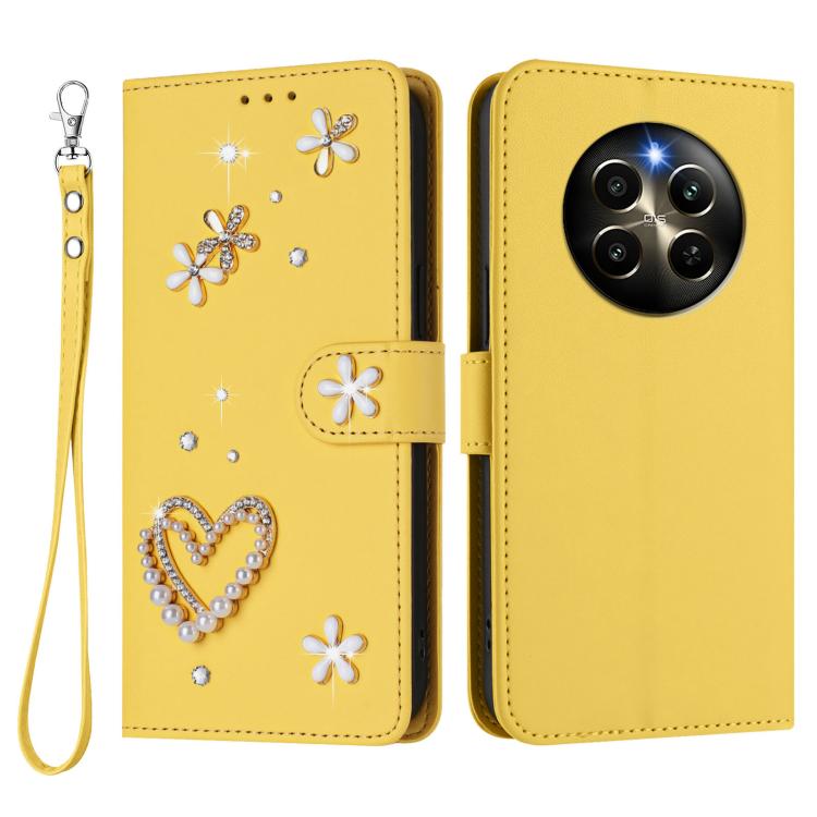 For Realme 12 Pro 5G Global ZS01 Double-Layer Heart Floral Vegan Leather Phone Case with Wrist Strap