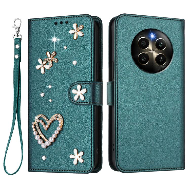 For Realme 12 Pro 5G Global ZS01 Double-Layer Heart Floral Vegan Leather Phone Case with Wrist Strap