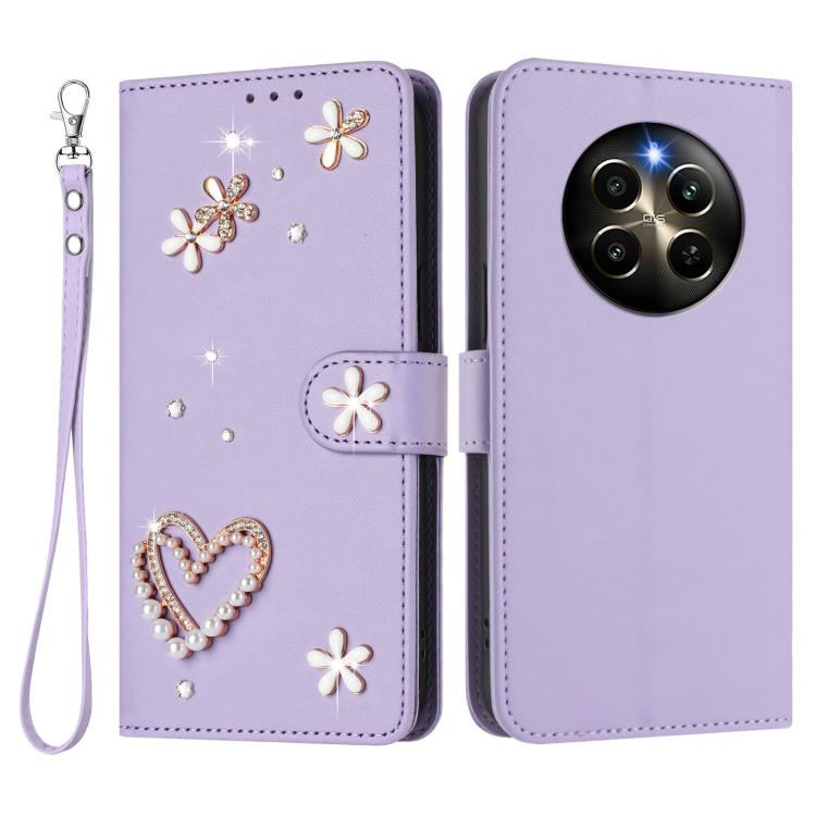 For Realme 12 Pro 5G Global ZS01 Double-Layer Heart Floral Vegan Leather Phone Case with Wrist Strap