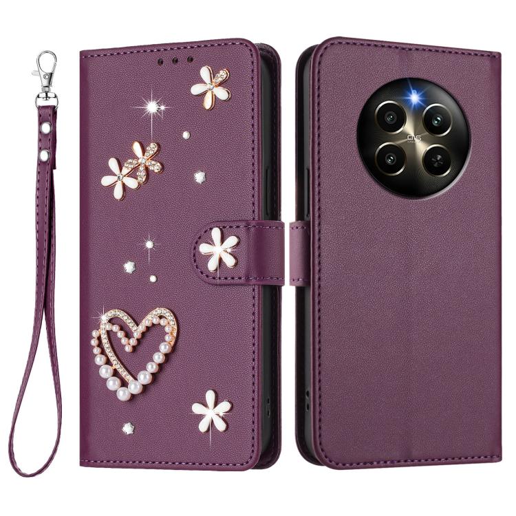 For Realme 12 Pro 5G Global ZS01 Double-Layer Heart Floral Vegan Leather Phone Case with Wrist Strap