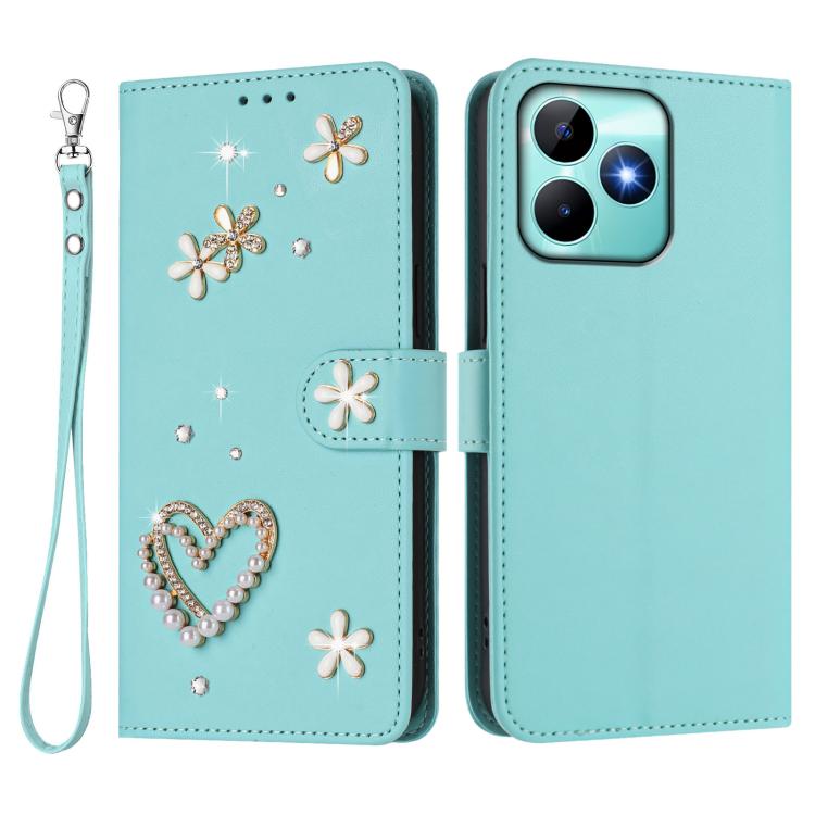 For Realme C53 4G Global / C51 4G ZS01 Double-Layer Heart Floral Vegan Leather Phone Case with Wrist Strap