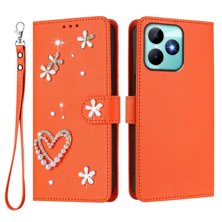 For Realme C53 4G Global / C51 4G ZS01 Double-Layer Heart Floral Vegan Leather Phone Case with Wrist Strap
