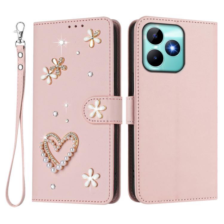 For Realme C53 4G Global / C51 4G ZS01 Double-Layer Heart Floral Vegan Leather Phone Case with Wrist Strap