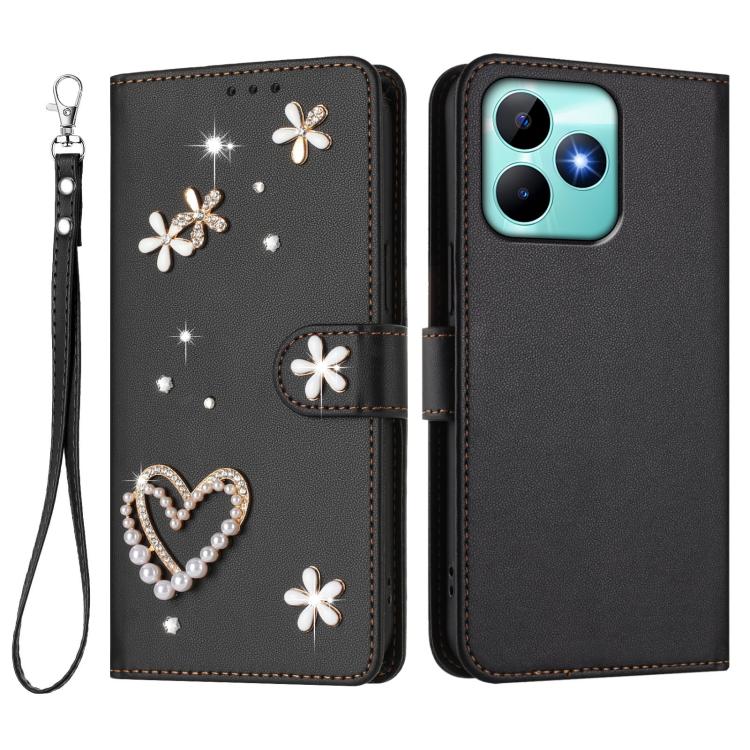 For Realme C53 4G Global / C51 4G ZS01 Double-Layer Heart Floral Vegan Leather Phone Case with Wrist Strap