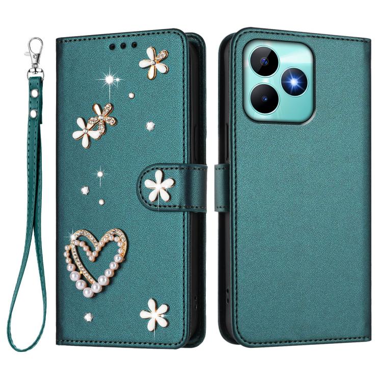 For Realme C53 4G Global / C51 4G ZS01 Double-Layer Heart Floral Vegan Leather Phone Case with Wrist Strap