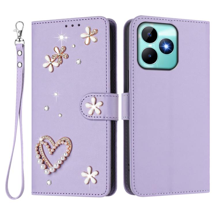 For Realme C53 4G Global / C51 4G ZS01 Double-Layer Heart Floral Vegan Leather Phone Case with Wrist Strap