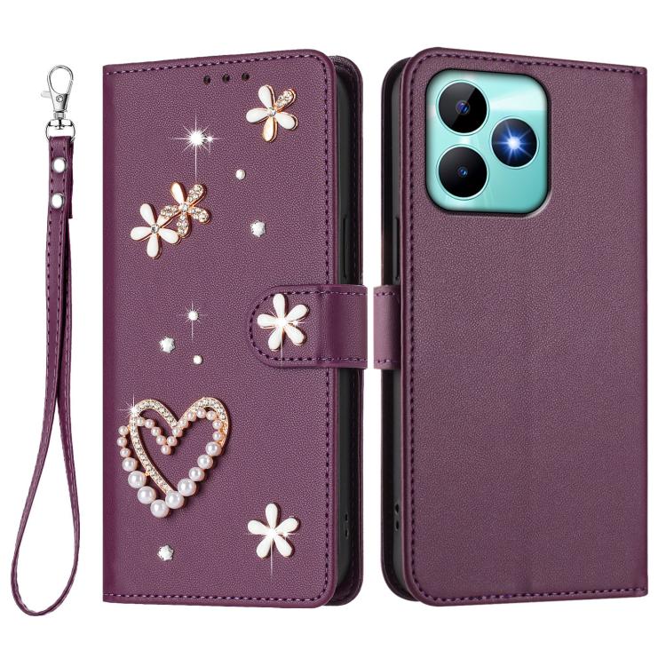 For Realme C53 4G Global / C51 4G ZS01 Double-Layer Heart Floral Vegan Leather Phone Case with Wrist Strap