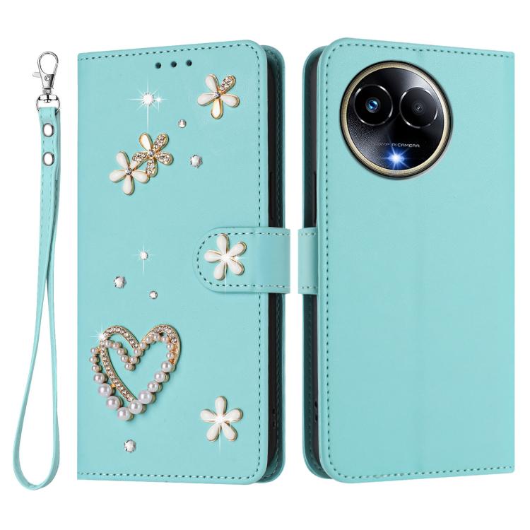 For Realme 11 5G Global / 11x 5G ZS01 Double-Layer Heart Floral Vegan Leather Phone Case with Wrist Strap