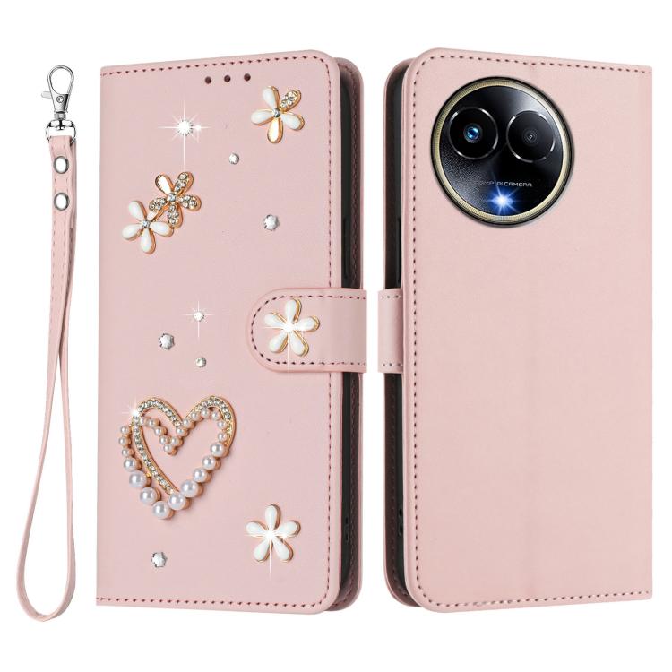 For Realme 11 5G Global / 11x 5G ZS01 Double-Layer Heart Floral Vegan Leather Phone Case with Wrist Strap