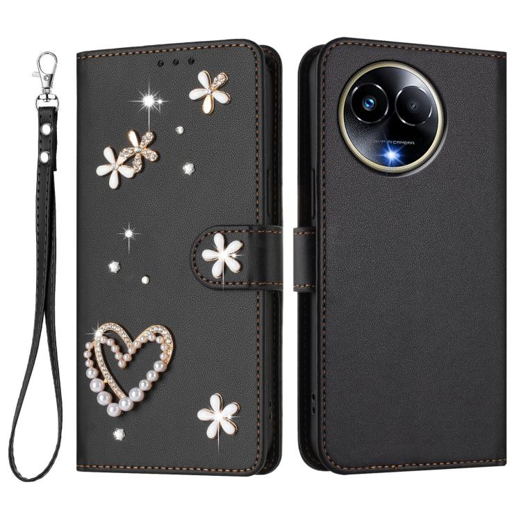 For Realme 11 5G Global / 11x 5G ZS01 Double-Layer Heart Floral Vegan Leather Phone Case with Wrist Strap