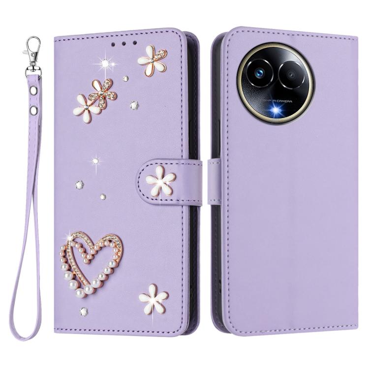 For Realme 11 5G Global / 11x 5G ZS01 Double-Layer Heart Floral Vegan Leather Phone Case with Wrist Strap