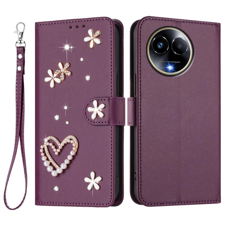 For Realme 11 5G Global / 11x 5G ZS01 Double-Layer Heart Floral Vegan Leather Phone Case with Wrist Strap